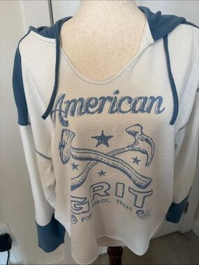Hooded Pullover Sweater - Cream with Blue Graphic